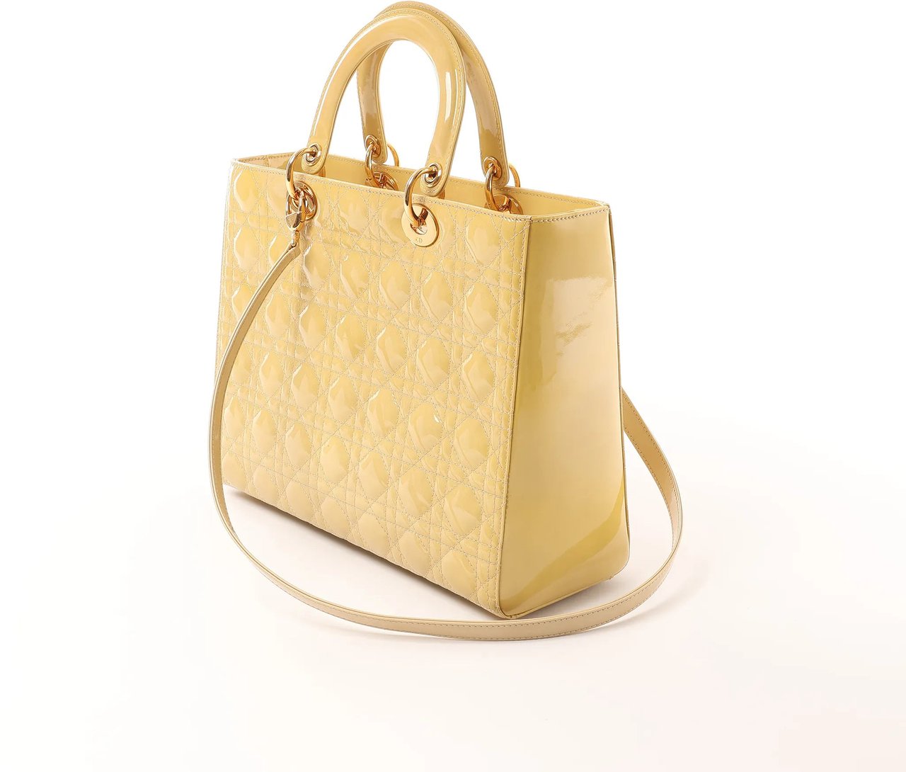 Dior Dior Lady Dior Patent Leather Cannage Large 2Way Handbag in Yellow Geel