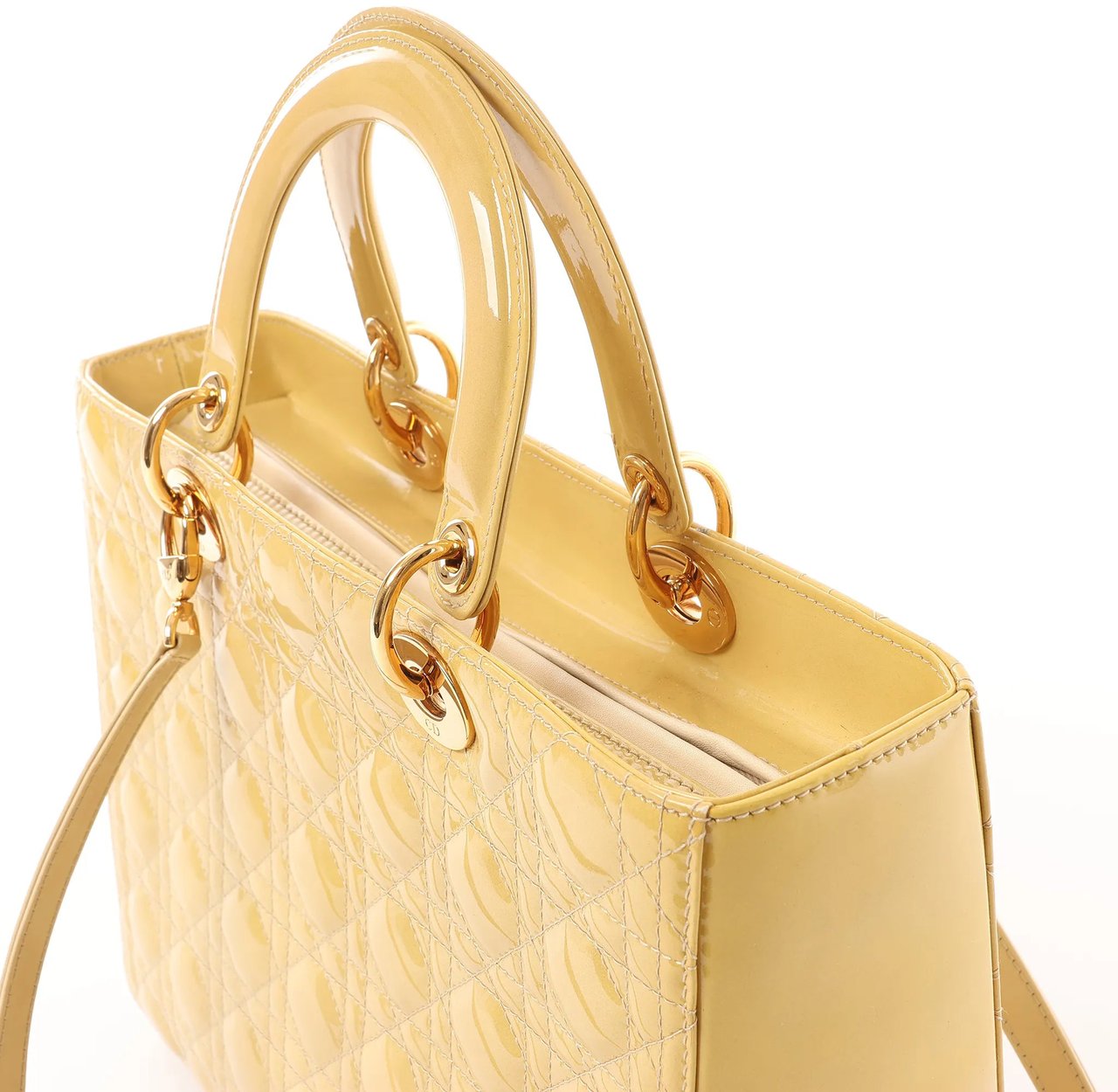 Dior Dior Lady Dior Patent Leather Cannage Large 2Way Handbag in Yellow Geel