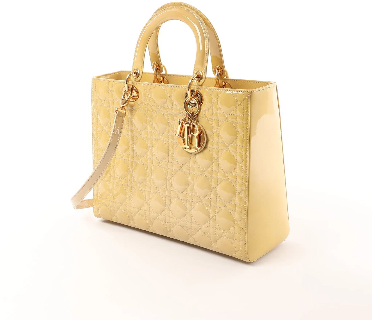 Dior Dior Lady Dior Patent Leather Cannage Large 2Way Handbag in Yellow Geel