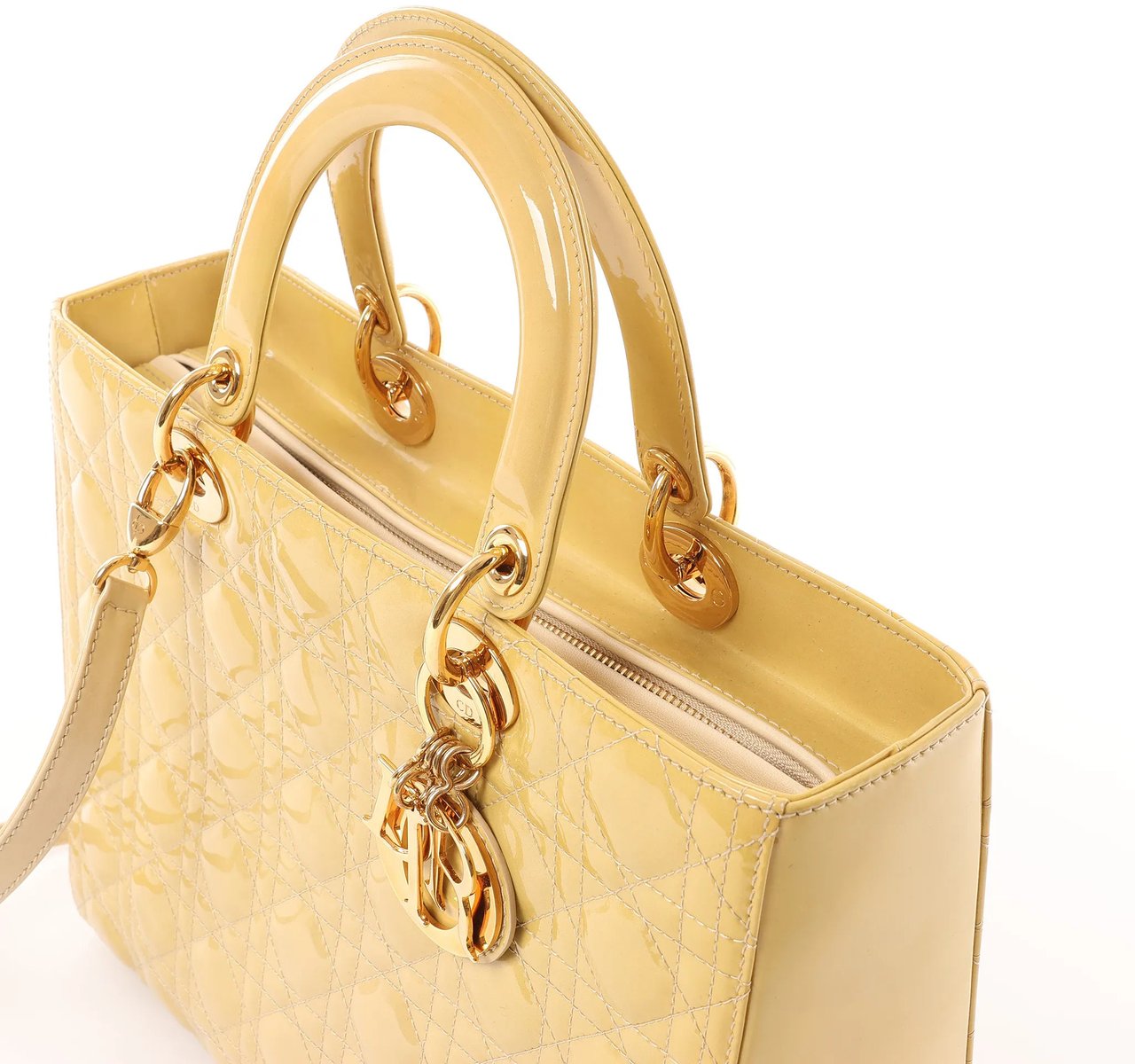 Dior Dior Lady Dior Patent Leather Cannage Large 2Way Handbag in Yellow Geel