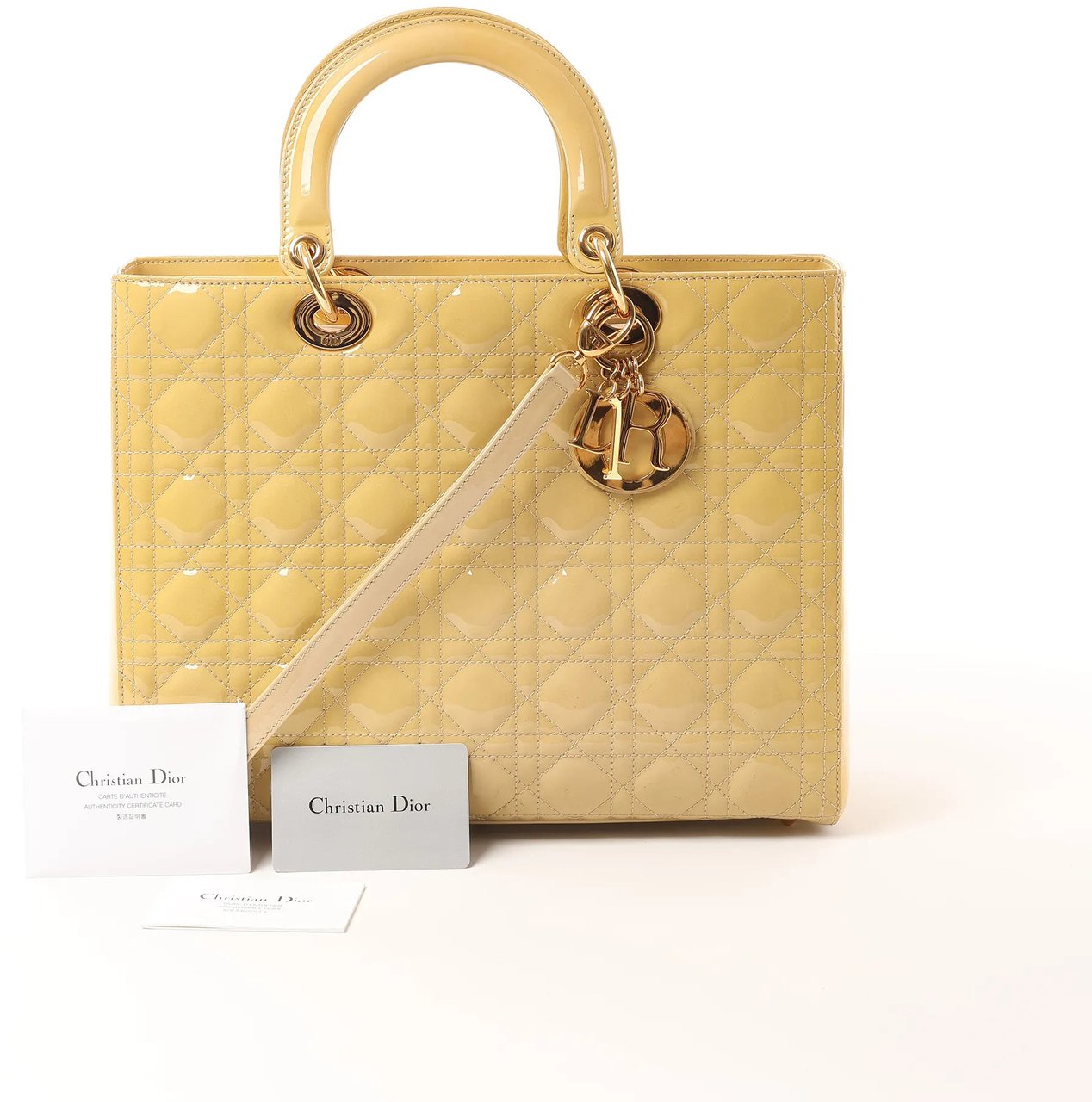 Dior Dior Lady Dior Patent Leather Cannage Large 2Way Handbag in Yellow Geel