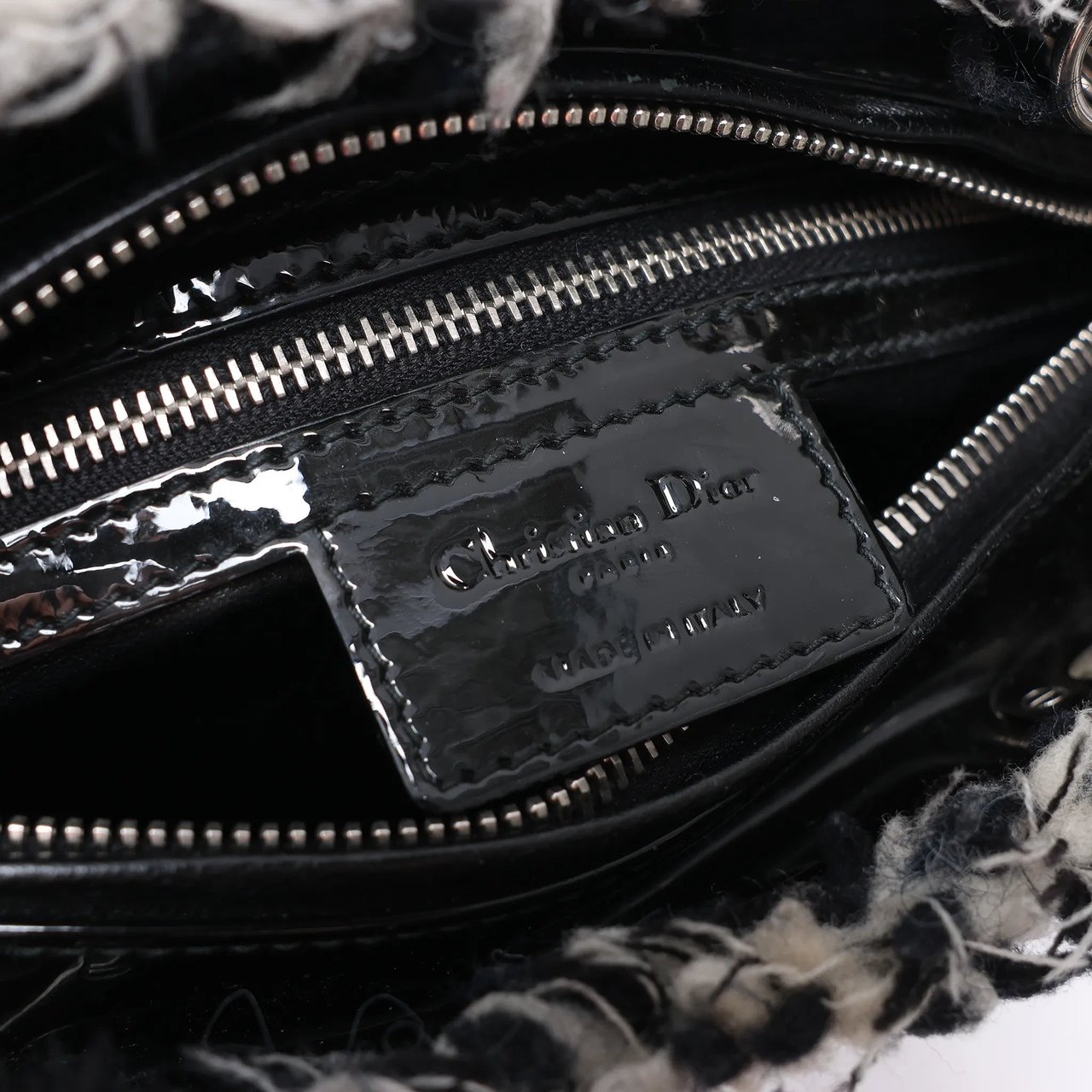 Dior Lady Dior Medium Tweed x Patent Leather 2Way Handbag in Black Bruin