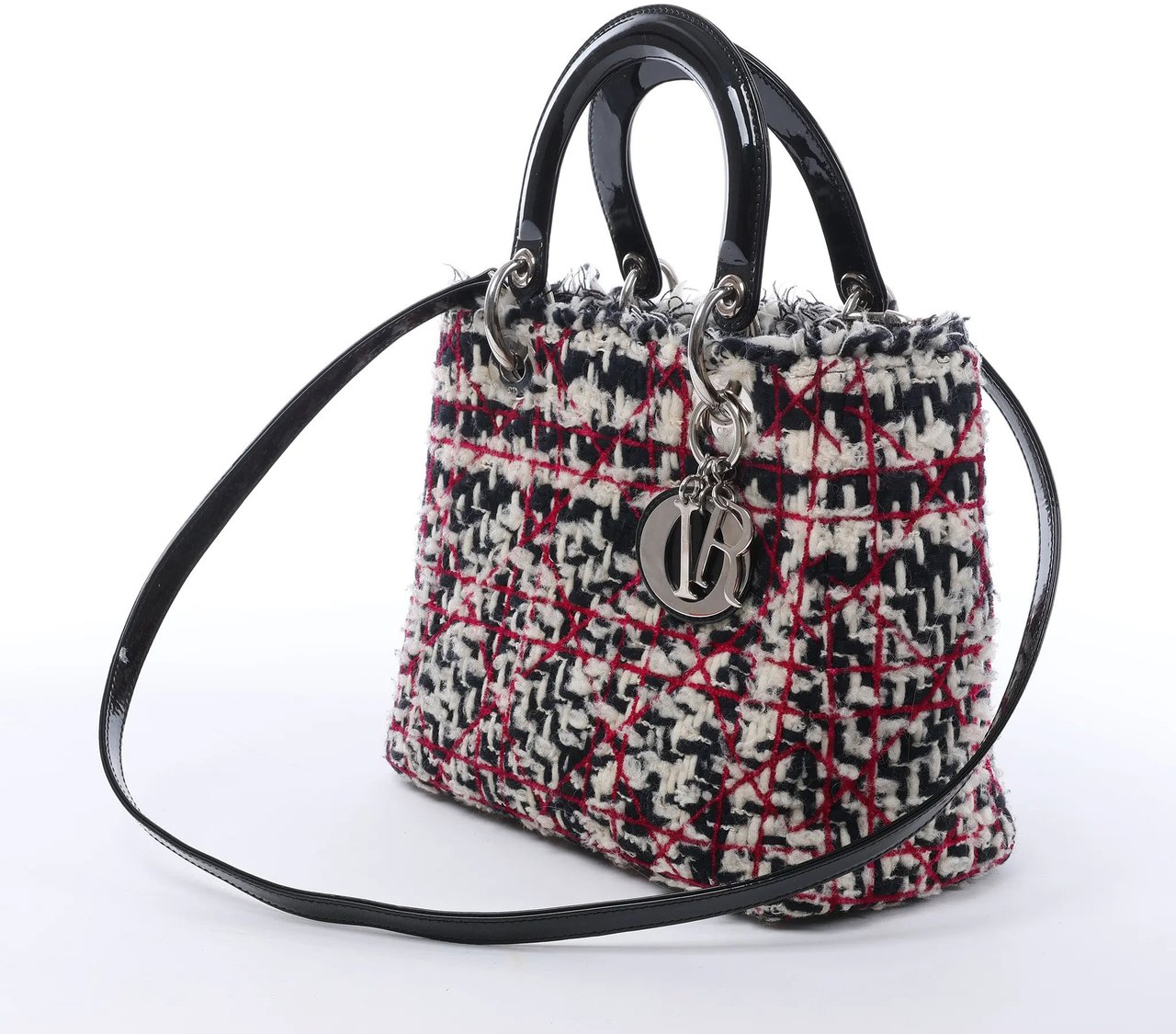 Dior Lady Dior Medium Tweed x Patent Leather 2Way Handbag in Black Bruin