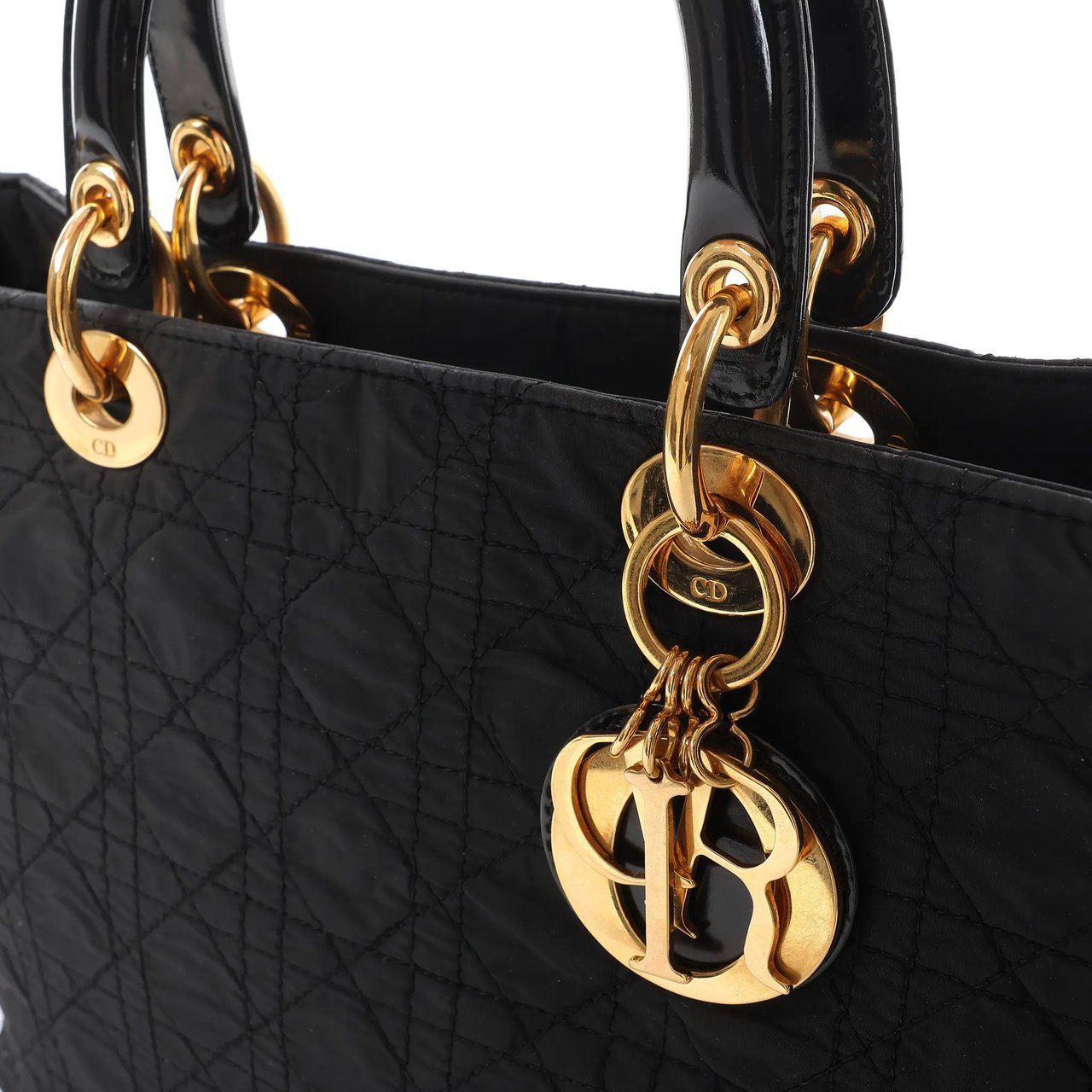 Dior Lady Dior Large Cannage Nylon x Patent Leather 2Way Handbag in Black Zwart