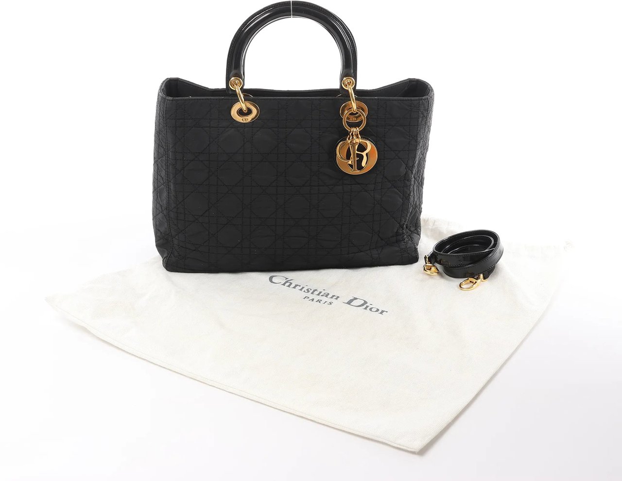 Dior Lady Dior Large Cannage Nylon x Patent Leather 2Way Handbag in Black Zwart