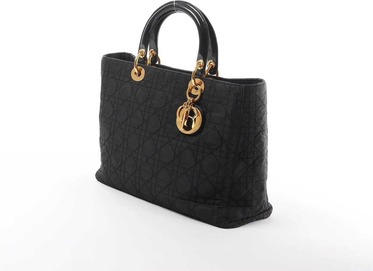 Dior Lady Dior Large Cannage Nylon x Patent Leather 2Way Handbag in Black Zwart