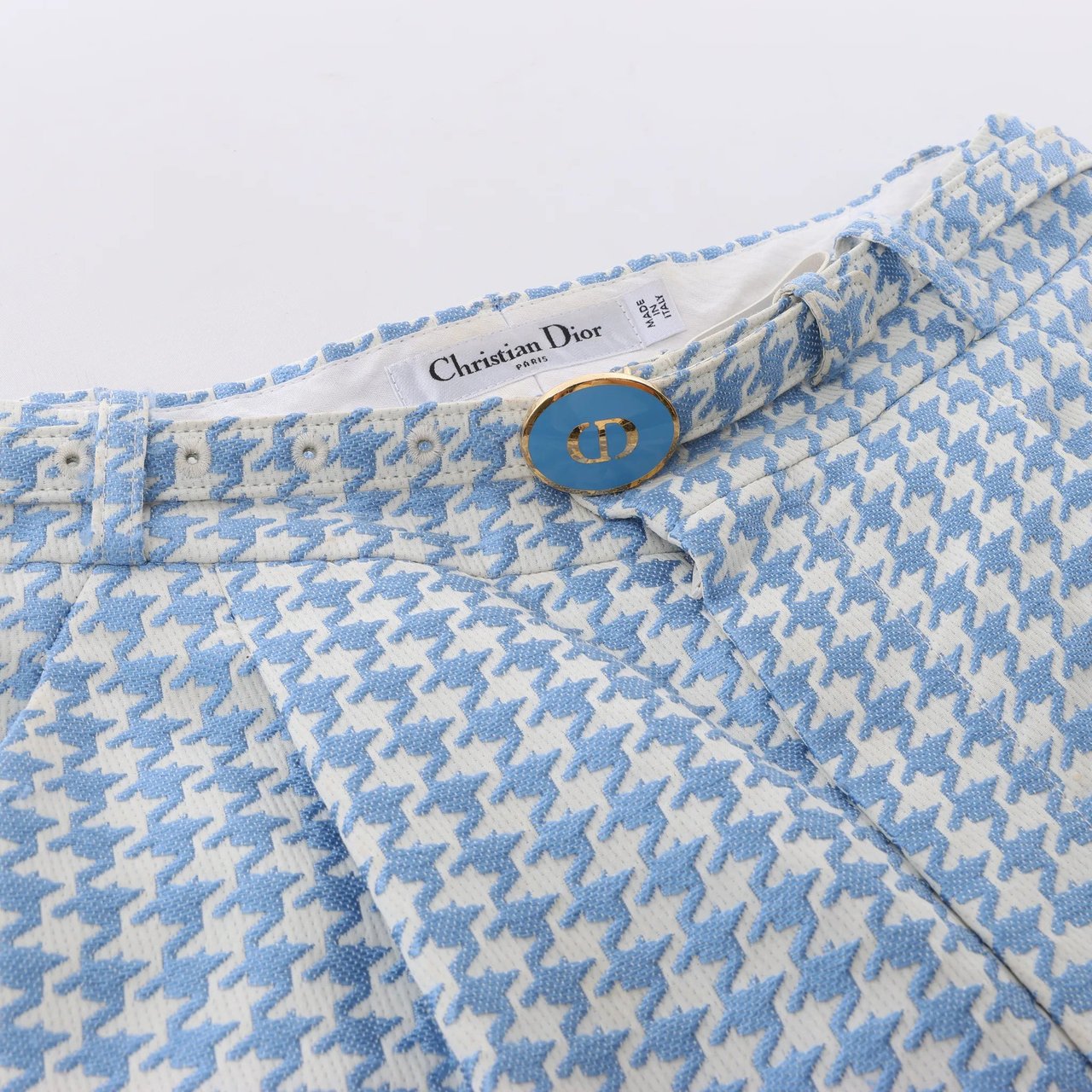 Dior Christian Dior Houndstooth Cotton Belted Pants in Blue, Size FR 38 Blauw