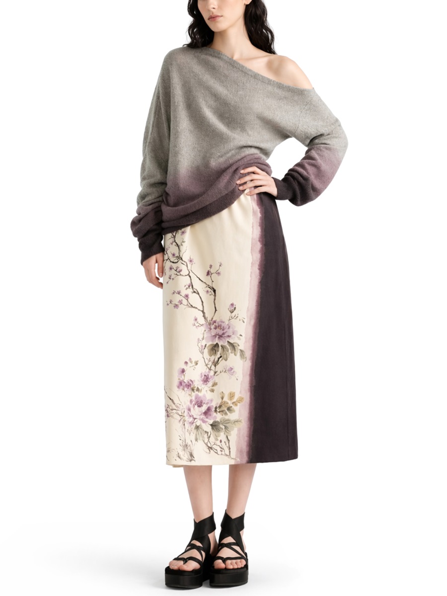 Dior Cream Floral Silk Midi Skirt Neutraal