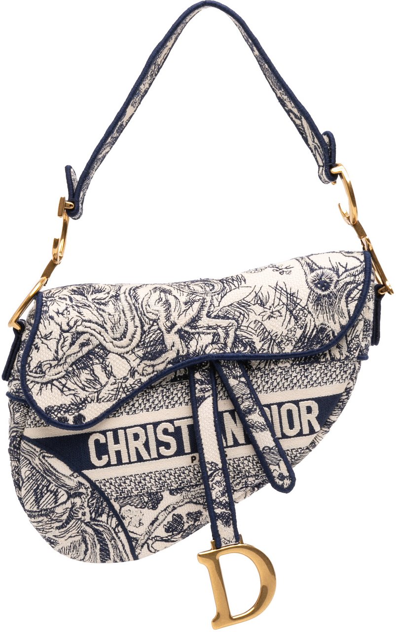 Dior Canvas Embroidered Toile de Jouy Saddle Bag Blauw