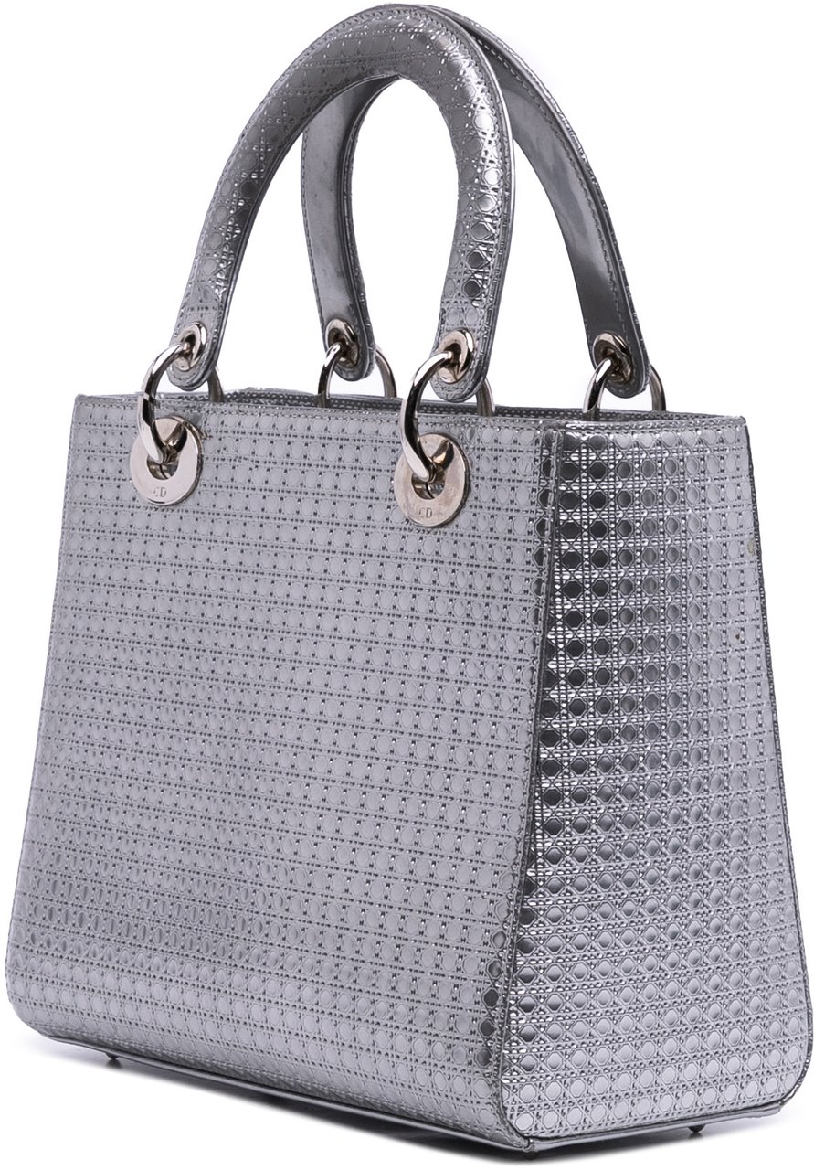 Dior Medium Metallic Patent Microcannage Lady Dior Zilver