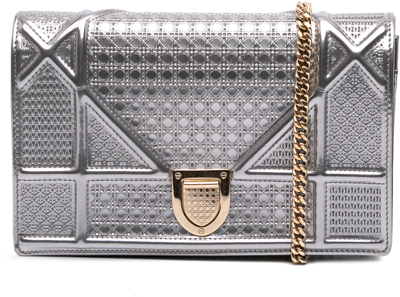 Dior Metallic Patent Microcannage Diorama Wallet on Chain Zilver