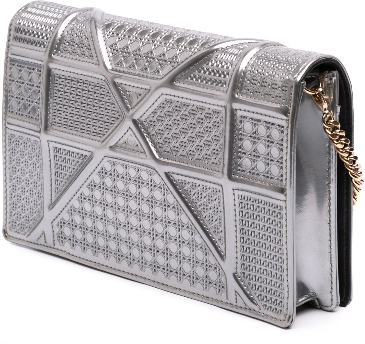 Dior Metallic Patent Microcannage Diorama Wallet on Chain Zilver