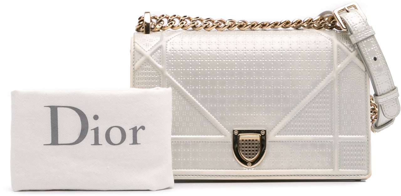 Dior Small Metallic Patent Microcannage Diorama Flap Zilver