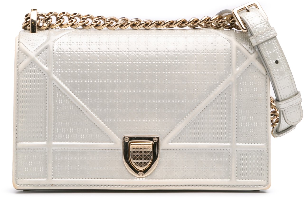 Dior Small Metallic Patent Microcannage Diorama Flap Zilver