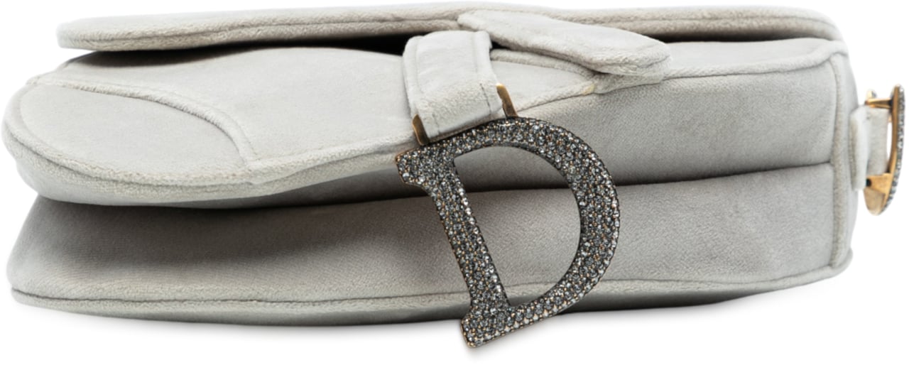 Dior Mini Velvet Crystal Embellished Hardware Saddle Bag Grijs