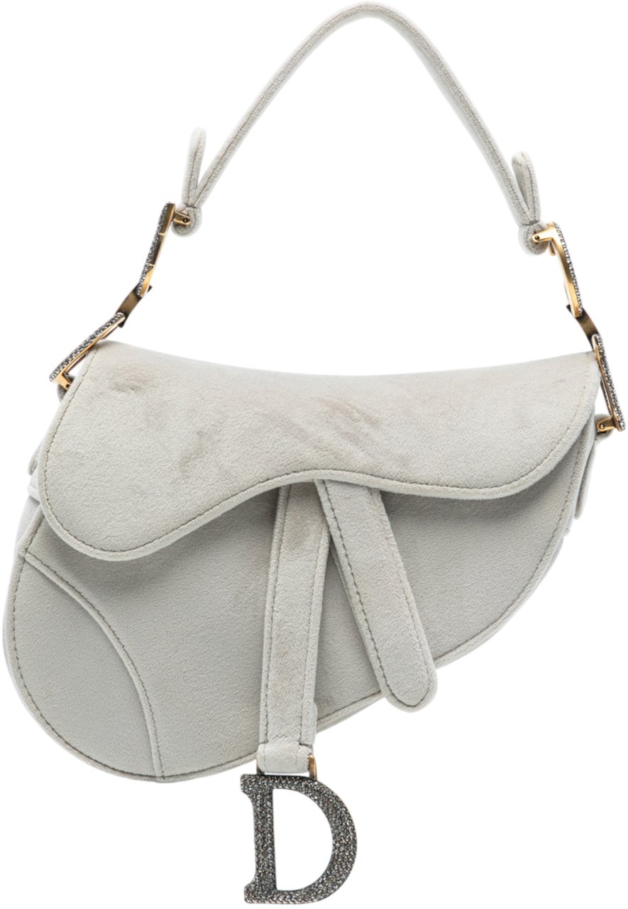 Dior Mini Velvet Crystal Embellished Hardware Saddle Bag Grijs