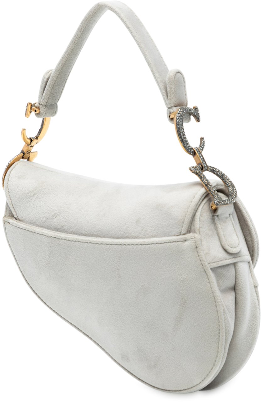Dior Mini Velvet Crystal Embellished Hardware Saddle Bag Grijs