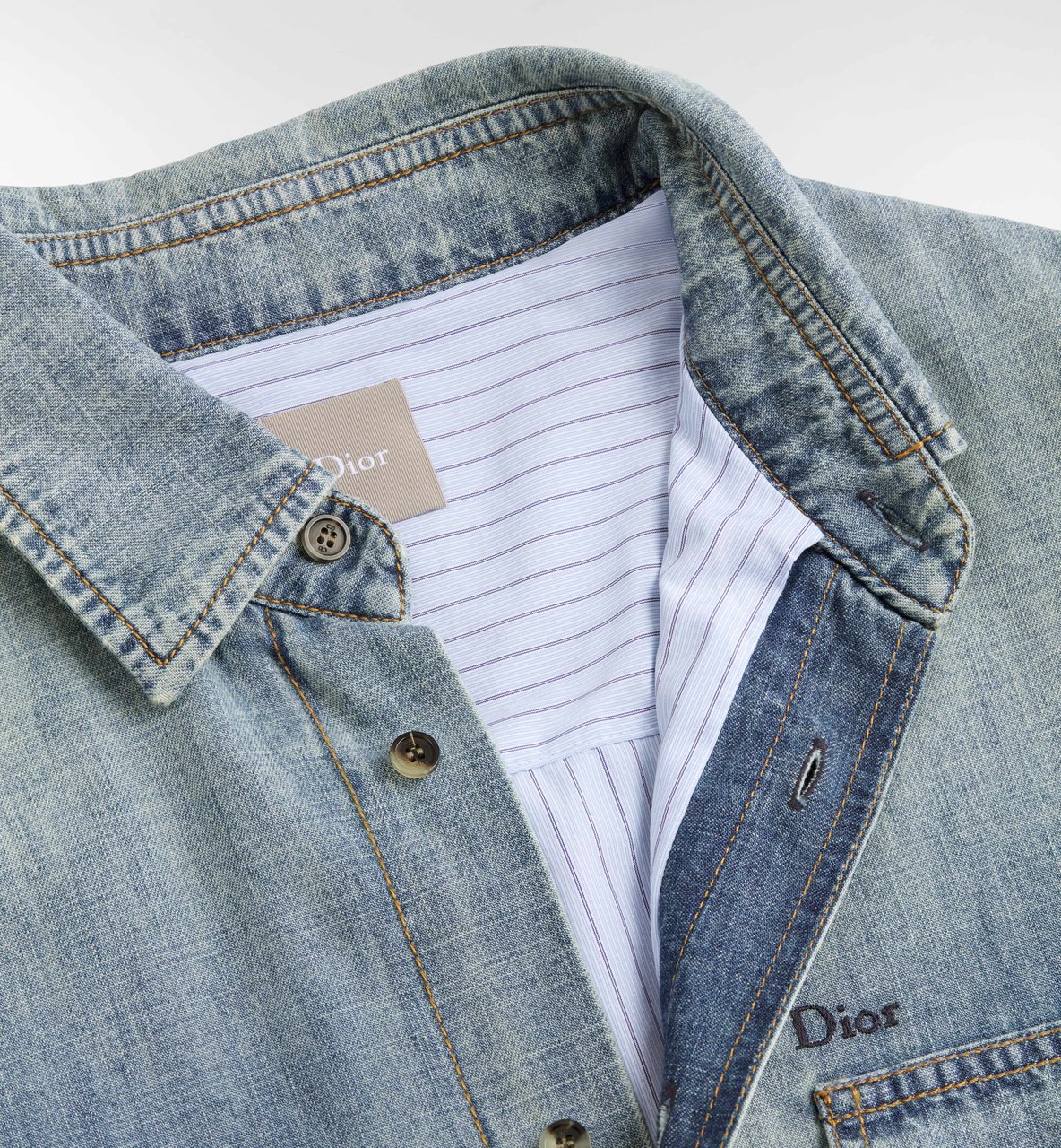 Dior Faded Light Blue Denim Shirt with Chest Pockets and Leather Patch Grijs