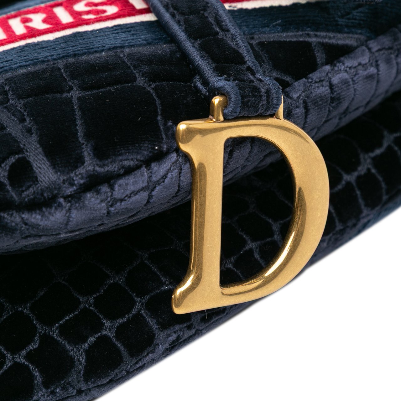 Dior Velvet Embroidered Crocodile Effect Saddle Bag Blauw