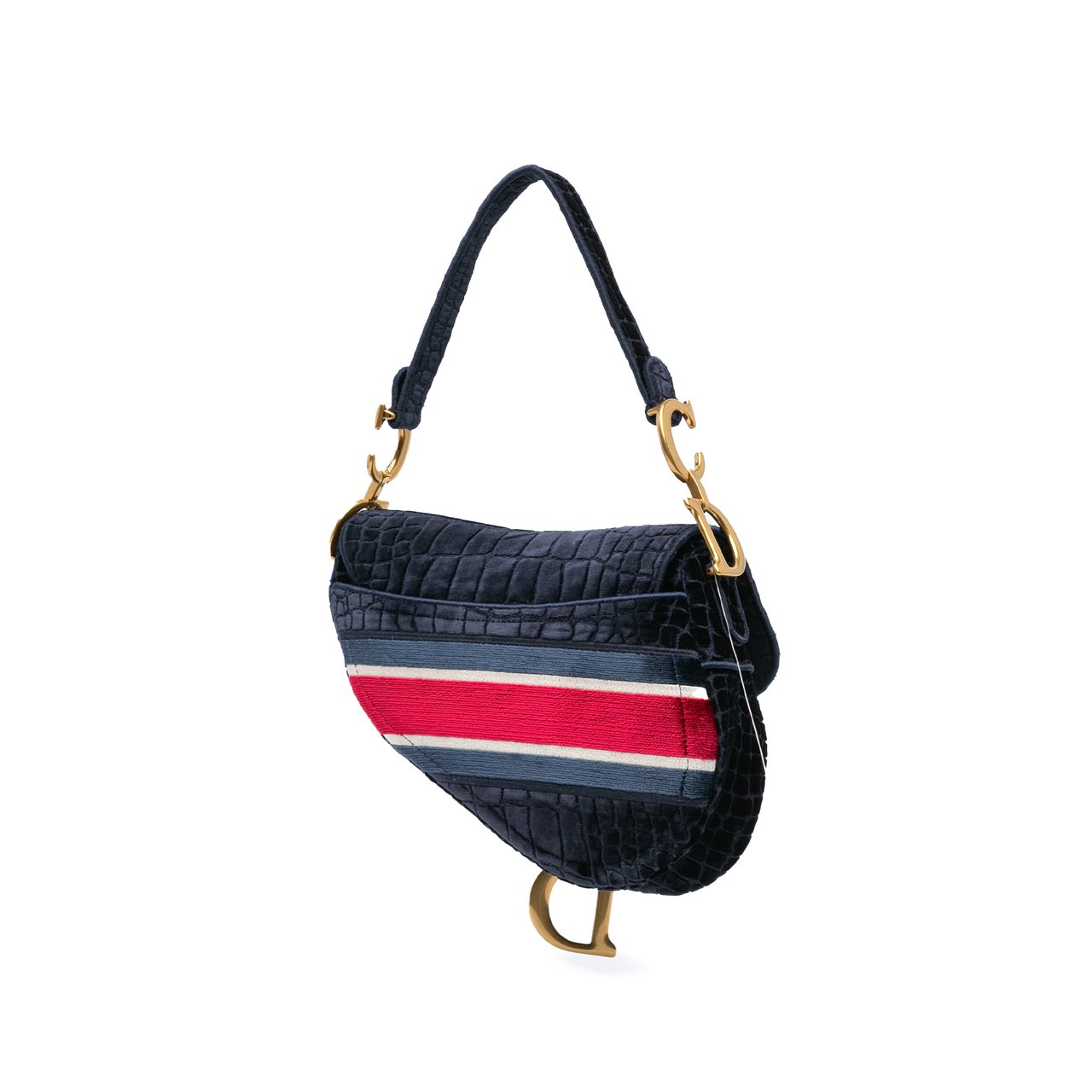 Dior Velvet Embroidered Crocodile Effect Saddle Bag Blauw