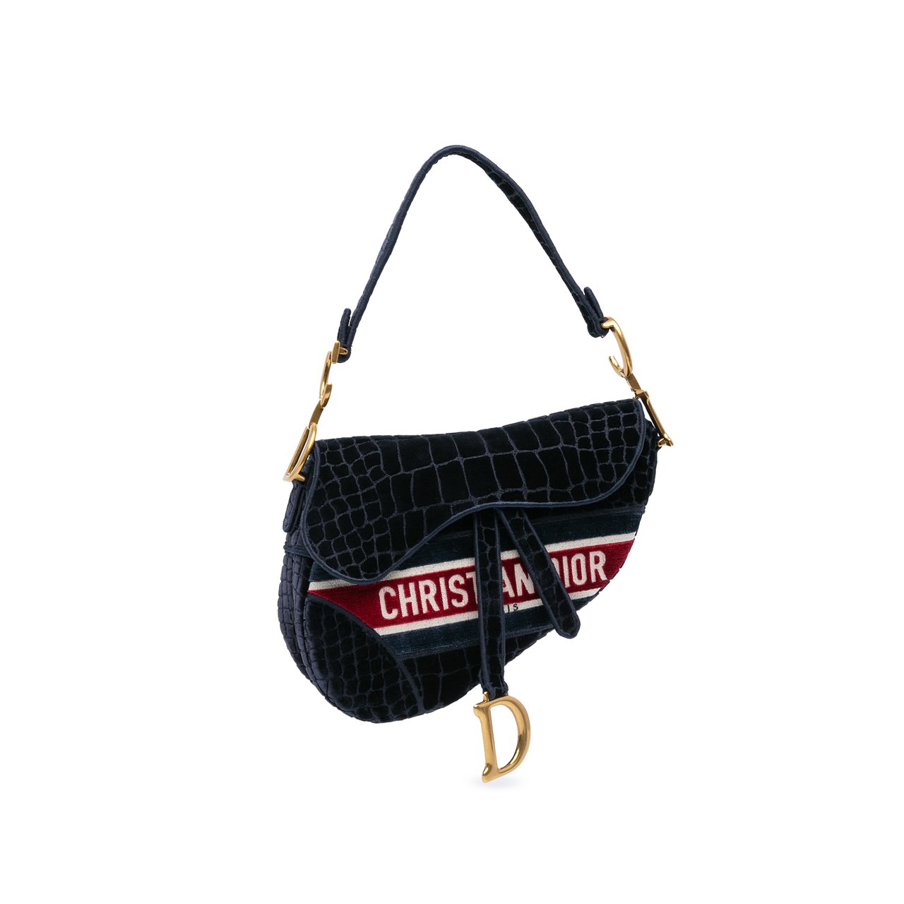 Dior Velvet Embroidered Crocodile Effect Saddle Bag Blauw