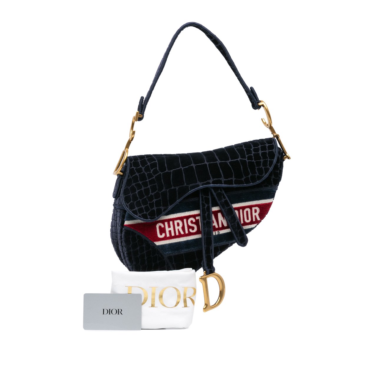 Dior Velvet Embroidered Crocodile Effect Saddle Bag Blauw