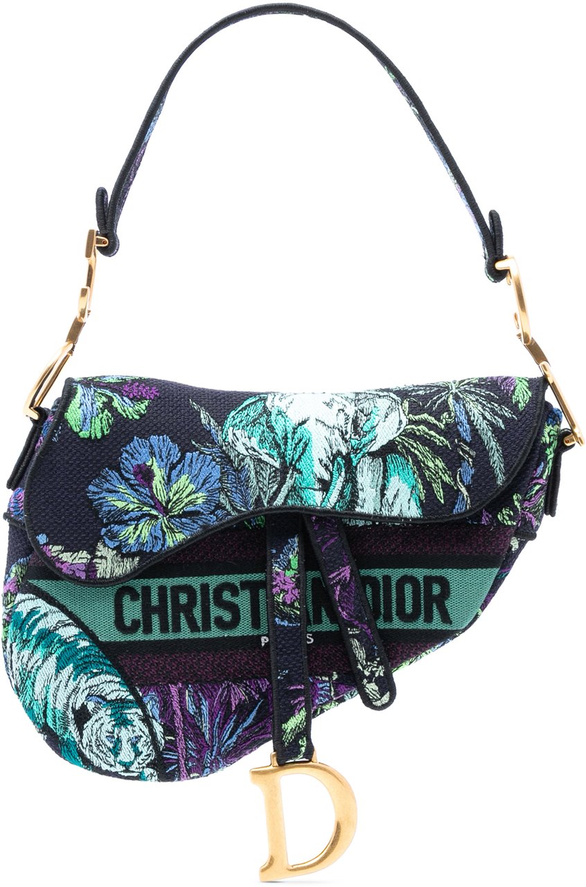 Dior Canvas Embroidered Floral Saddle Bag Blauw