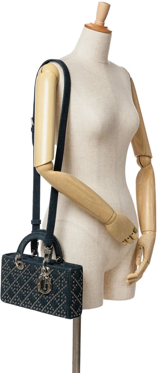 Dior Medium Denim Cannage Eyelet Lady D Joy Blauw