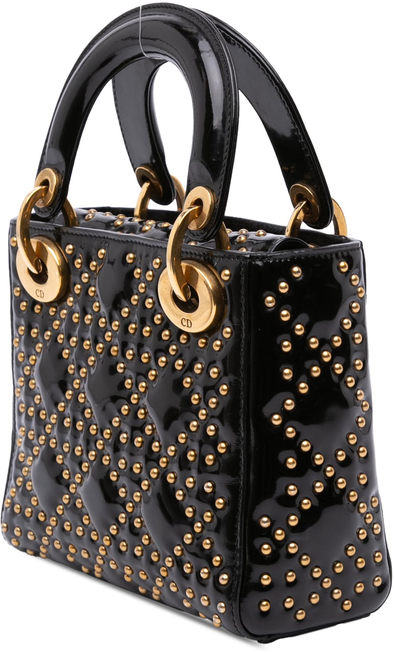 Dior Mini Patent Cannage Studded Supple Lady Dior Zwart
