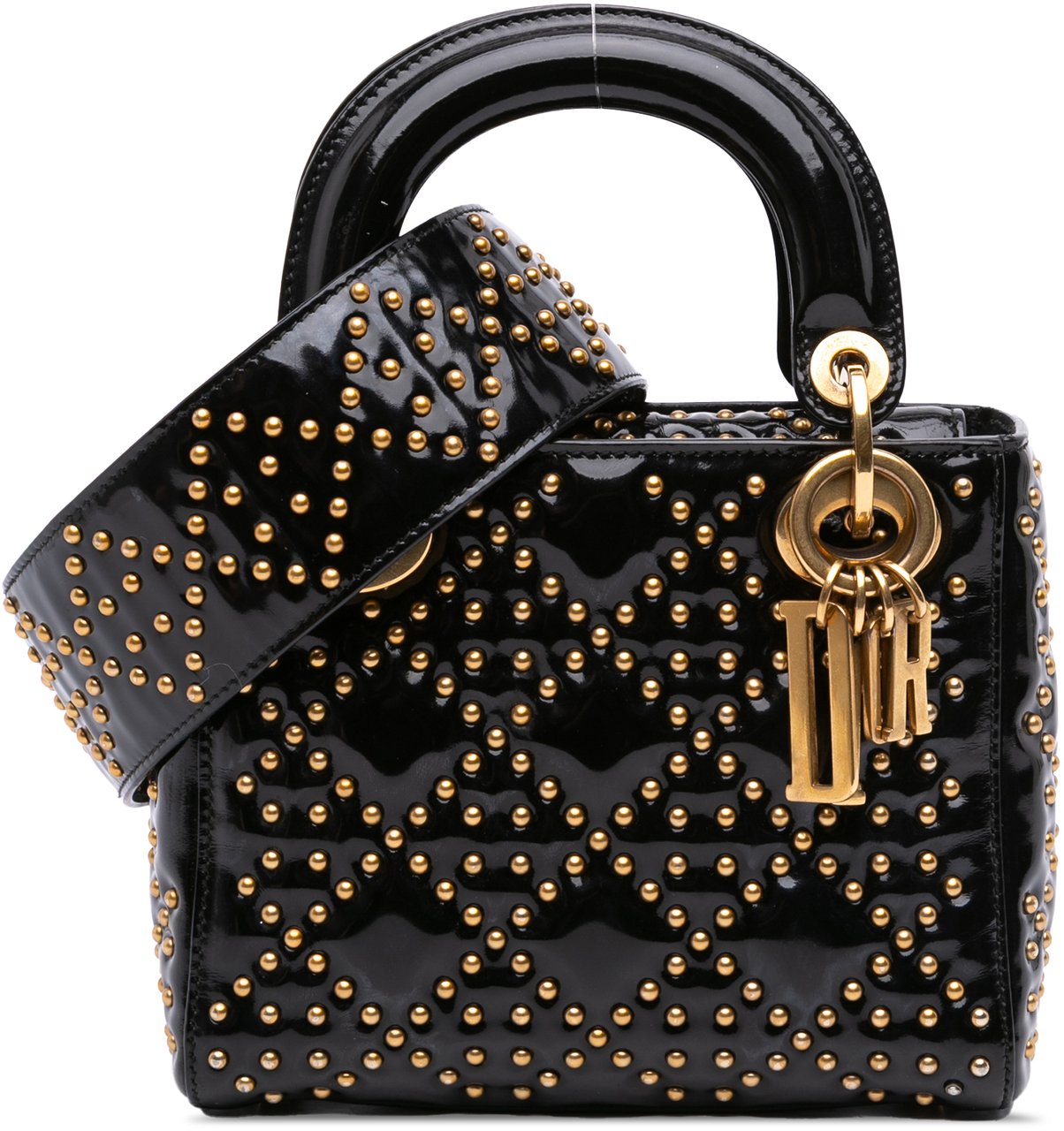 Dior Mini Patent Cannage Studded Supple Lady Dior Zwart