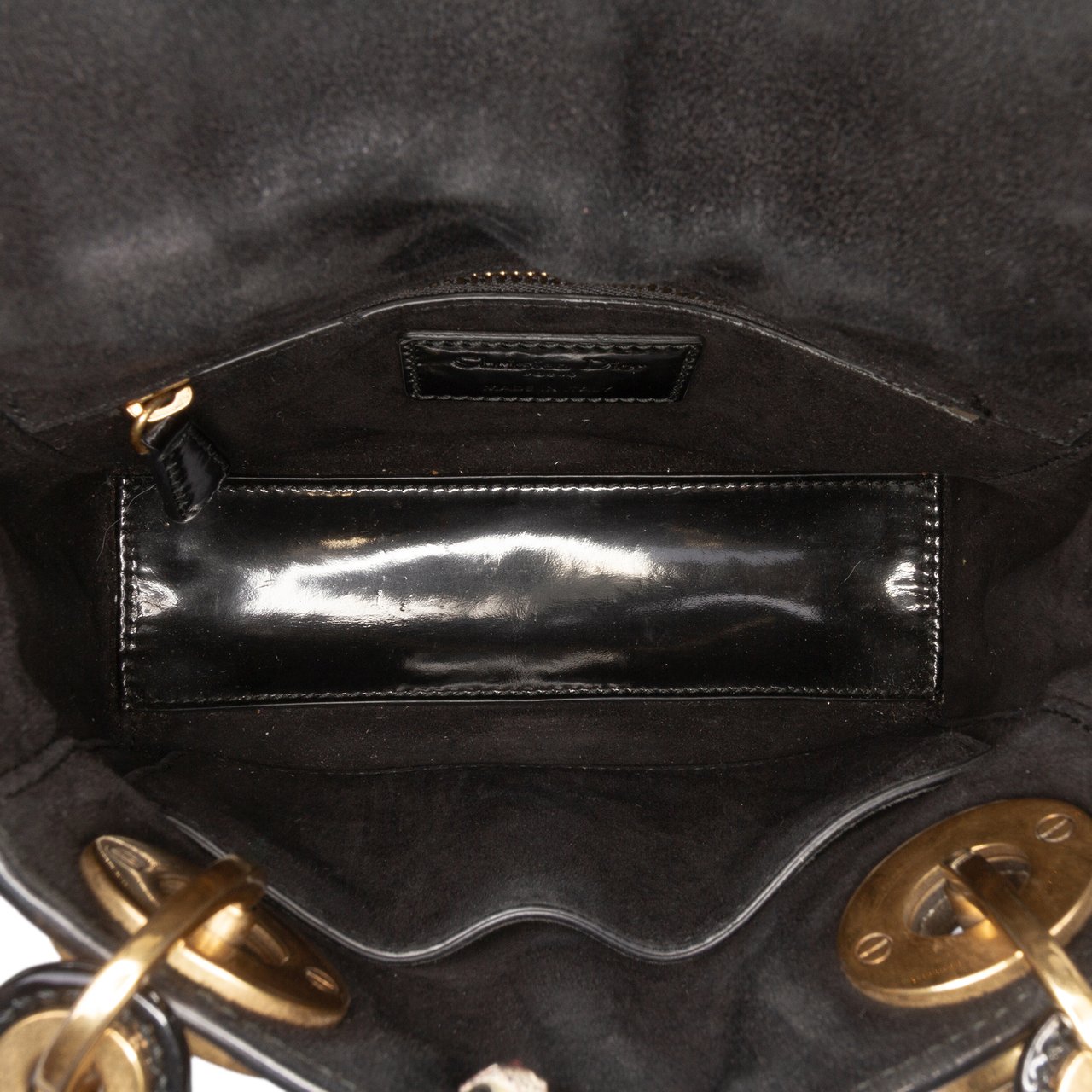 Dior Mini Patent Cannage Studded Supple Lady Dior Zwart