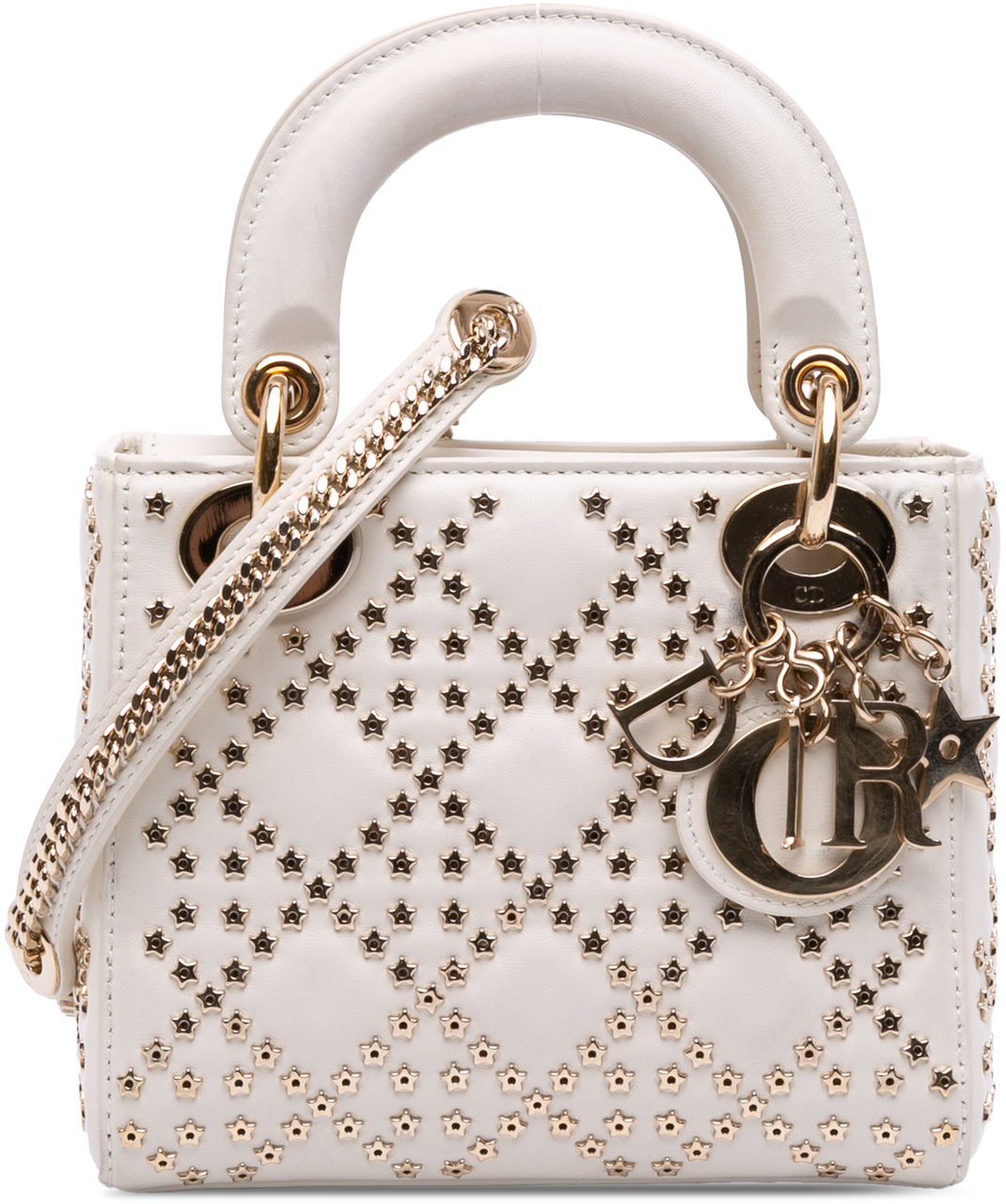 Dior Mini Lambskin Cannage Lucky Star Studded Lady Dior Wit