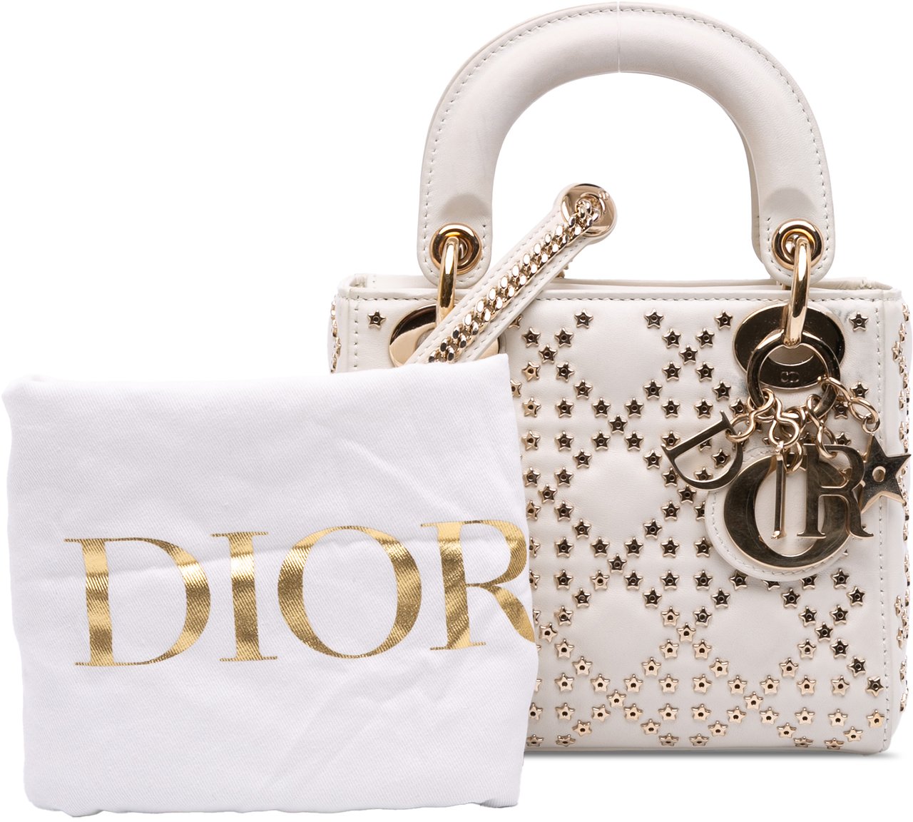 Dior Mini Lambskin Cannage Lucky Star Studded Lady Dior Wit