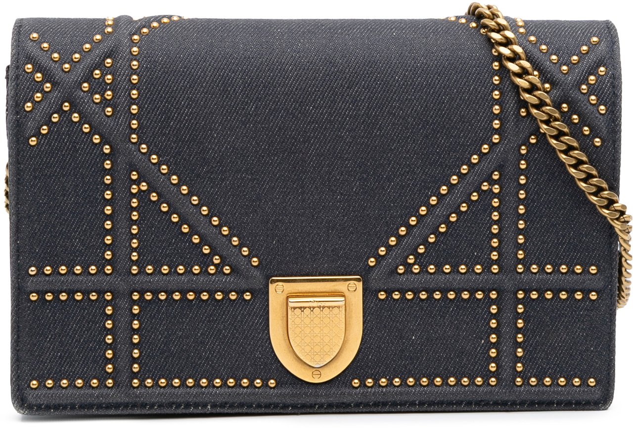 Dior Studded Denim Diorama Wallet on Chain Blauw