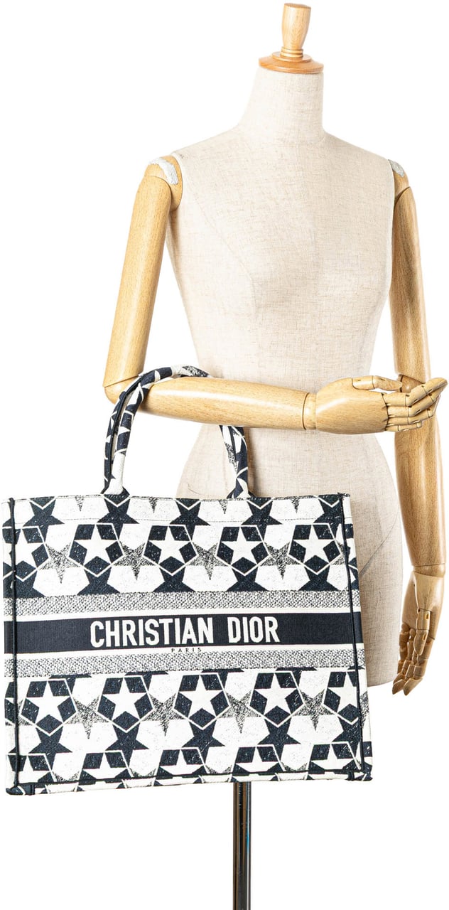 Dior Large Canvas Embroidered Lucky Star Book Tote Blauw