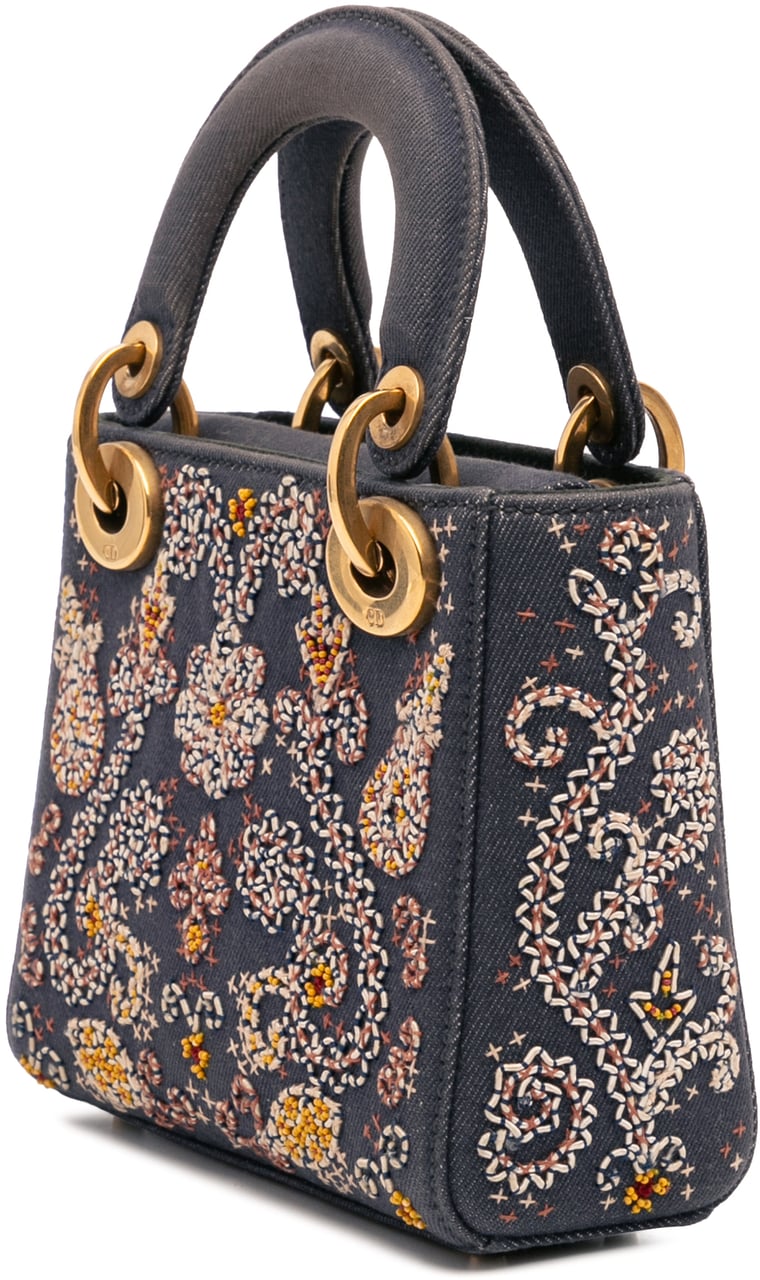Dior Mini Denim Embroidered Lady Dior Blauw