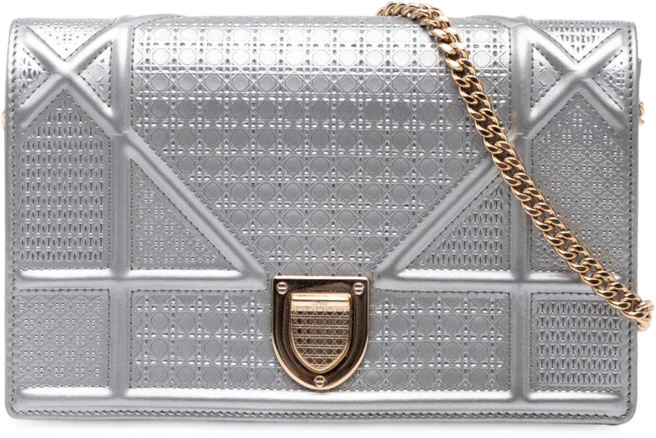 Dior Metallic Patent Microcannage Diorama Wallet on Chain Zilver
