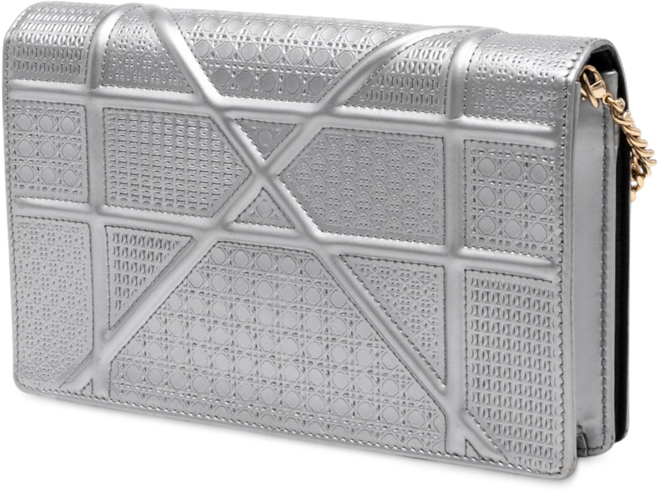Dior Metallic Patent Microcannage Diorama Wallet on Chain Zilver