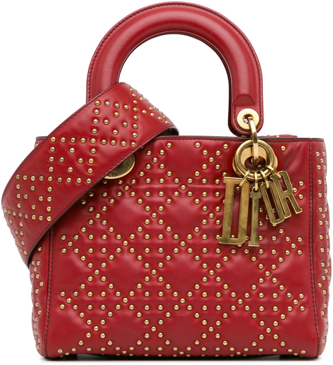 Dior Small Lambskin Cannage Studded Supple Lady Dior Rood