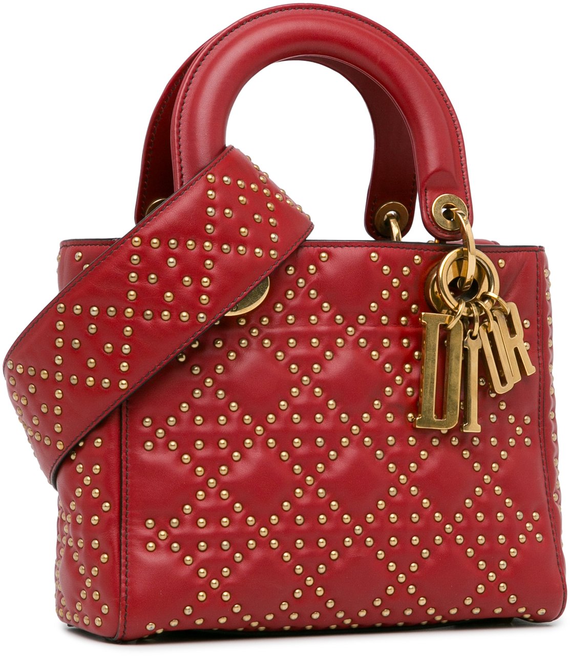 Dior Small Lambskin Cannage Studded Supple Lady Dior Rood