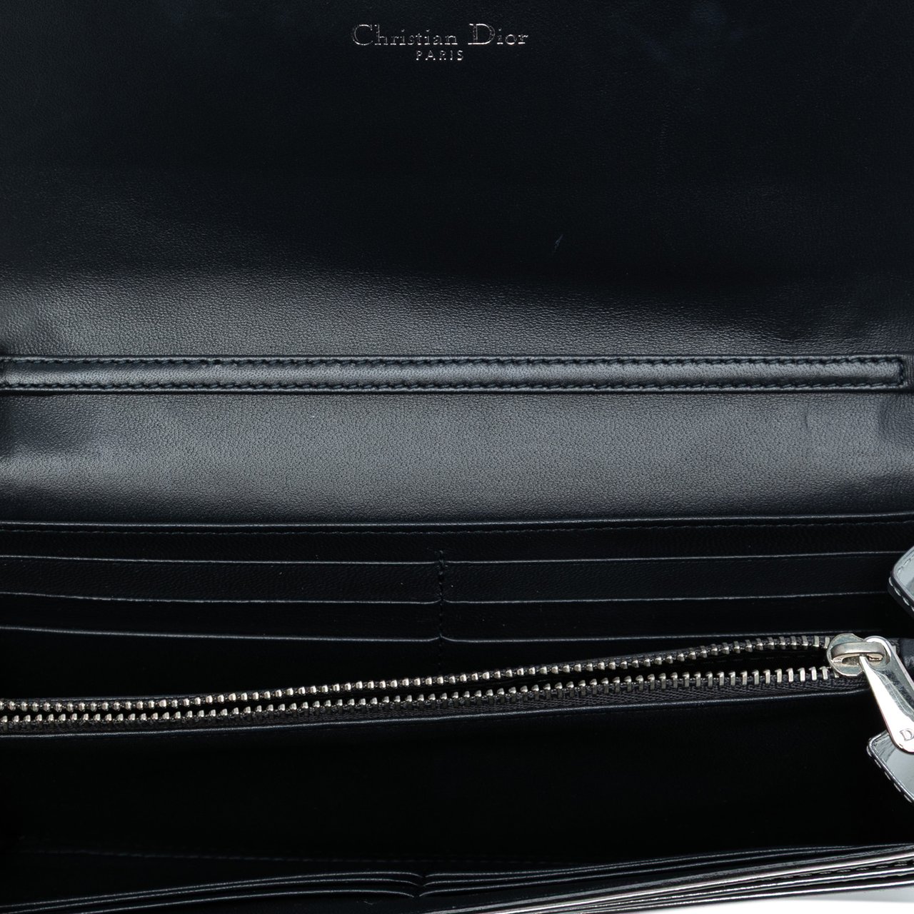 Dior Metallic Patent Microcannage Diorama Wallet on Chain Zilver