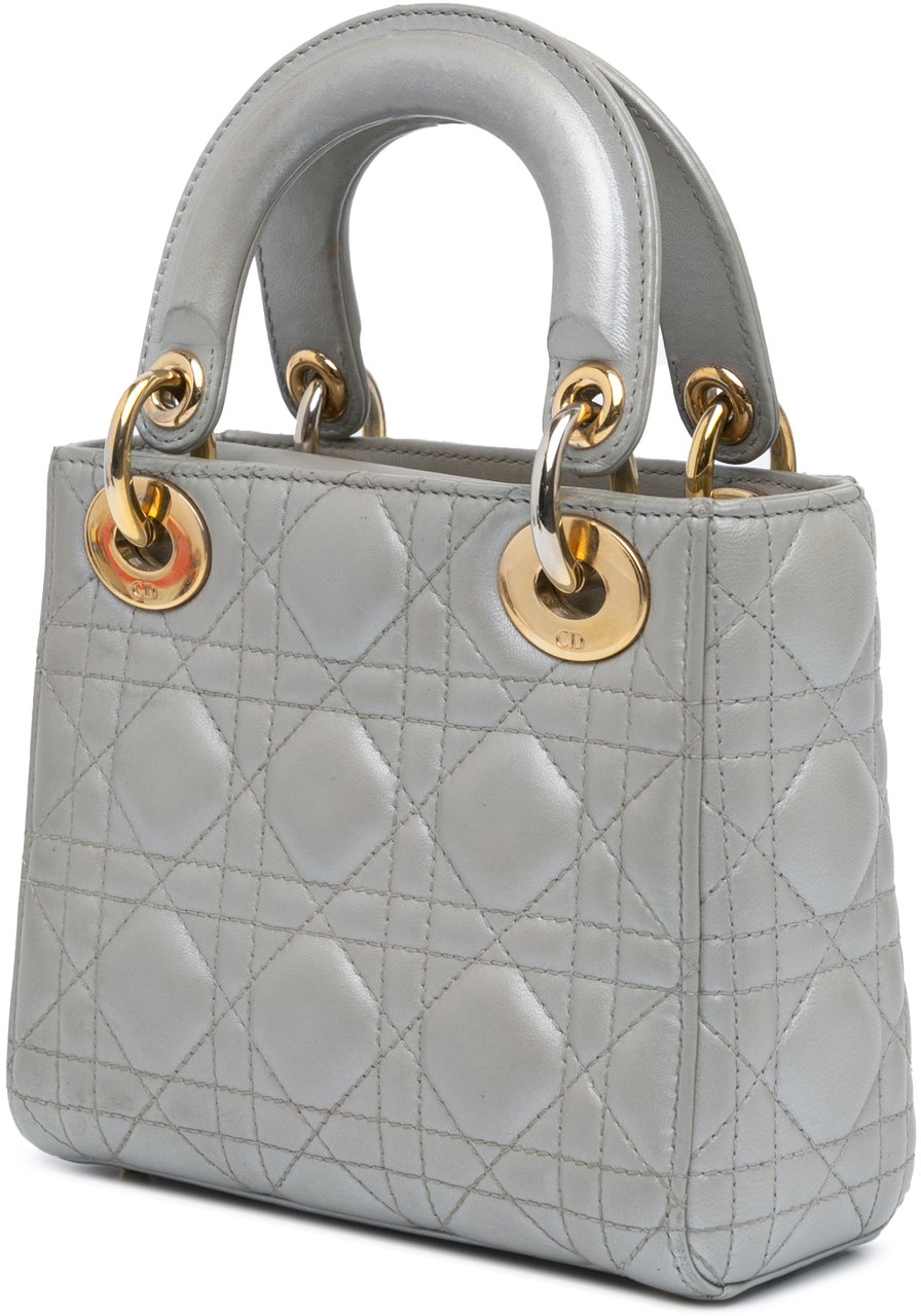 Dior Mini Metallic Lambskin Cannage Lady Dior Grijs
