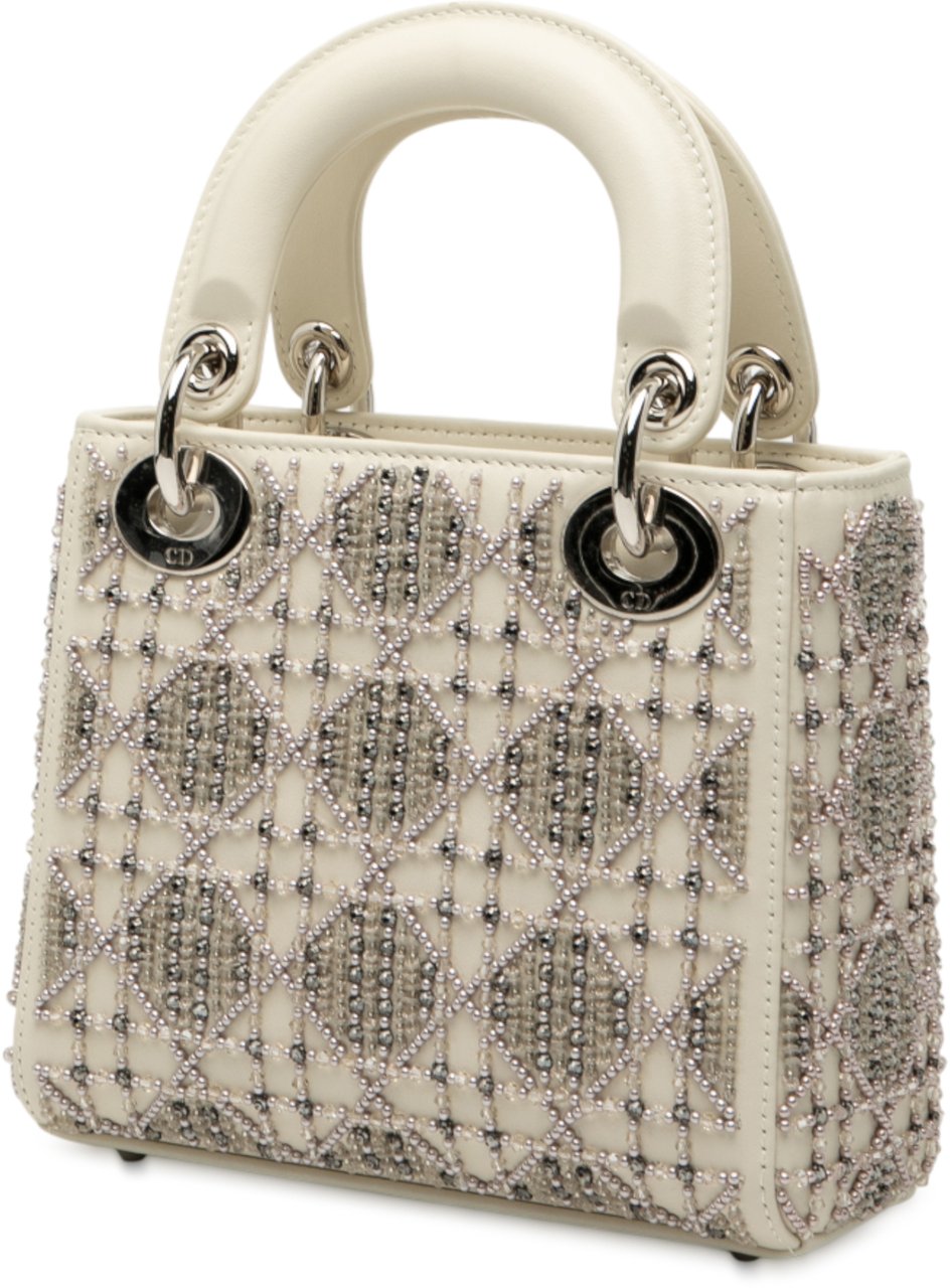 Dior Mini Lambskin Cannage Beaded Lady Dior Wit