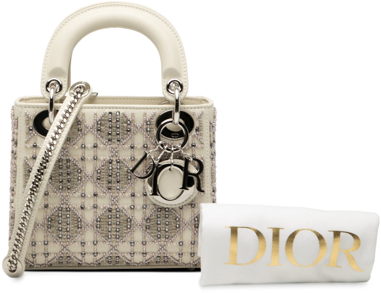 Dior Mini Lambskin Cannage Beaded Lady Dior Wit