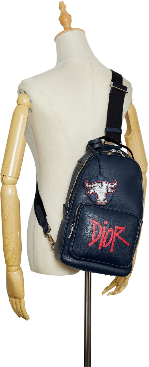 Dior Shawn Stussy Grained Calfskin Year of the Ox Sling Bag Blauw
