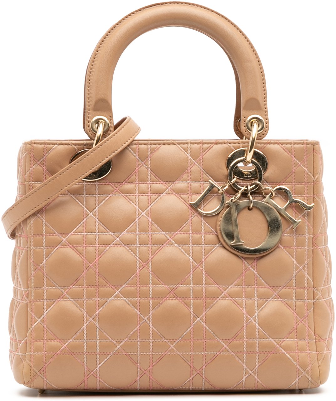 Dior Medium Lambskin Cannage Contrast Stitch Lady Dior Bruin