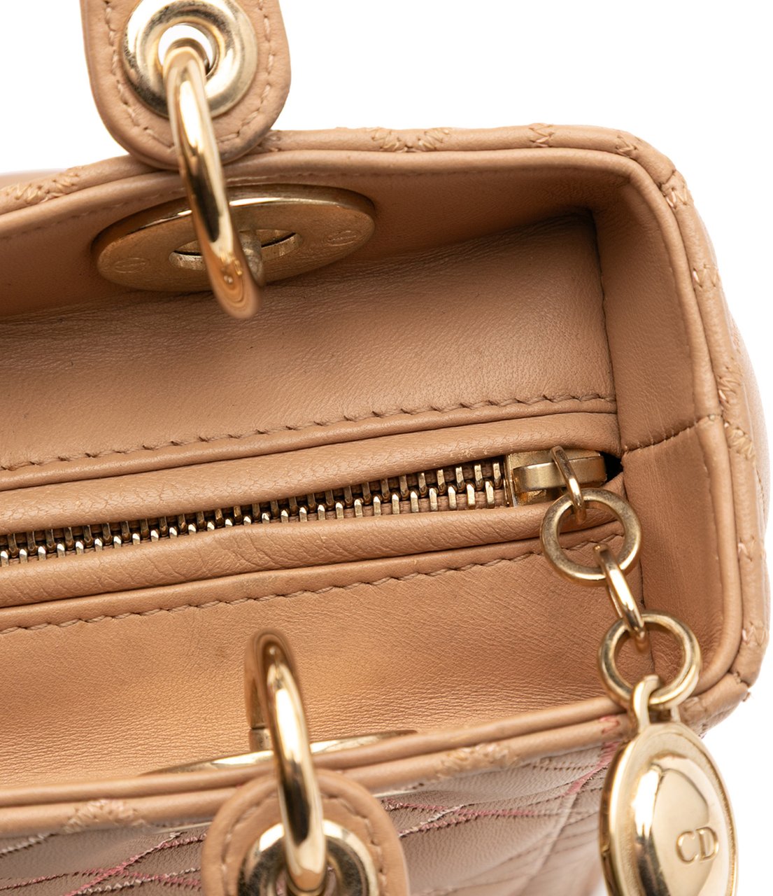 Dior Medium Lambskin Cannage Contrast Stitch Lady Dior Bruin