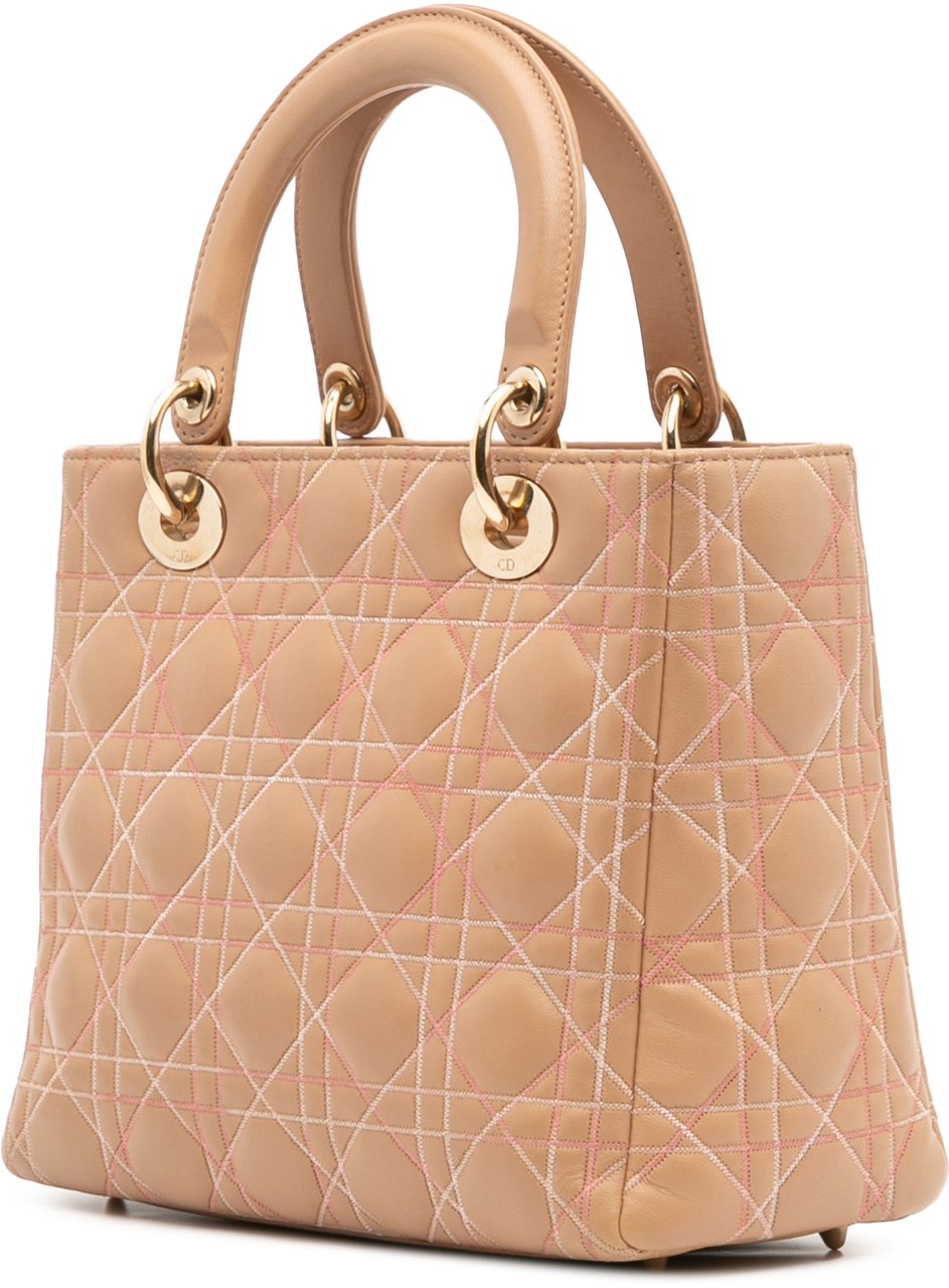 Dior Medium Lambskin Cannage Contrast Stitch Lady Dior Bruin