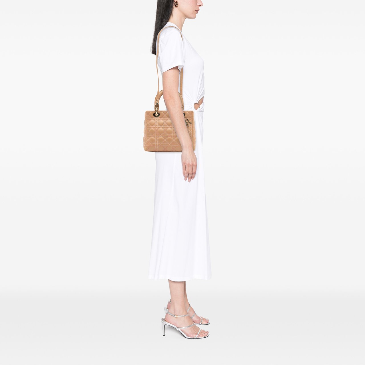 Dior Medium Lambskin Cannage Contrast Stitch Lady Dior Bruin