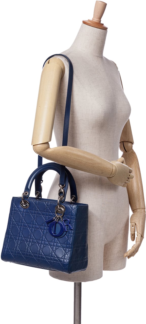 Dior Medium Ultra Matte Calfskin Embossed Cannage Lady Dior Blauw